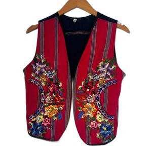 Embroidered Red Navy Vintage Cotton Hippie Western Rodeo Guatamalan Vest Small